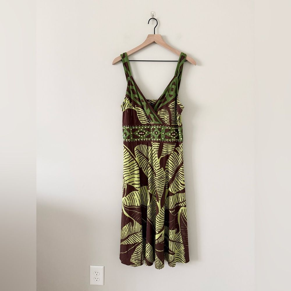 Signature by Robbie Bee Y2K Tank Dress with Beads in Green & Brown Print Size 14